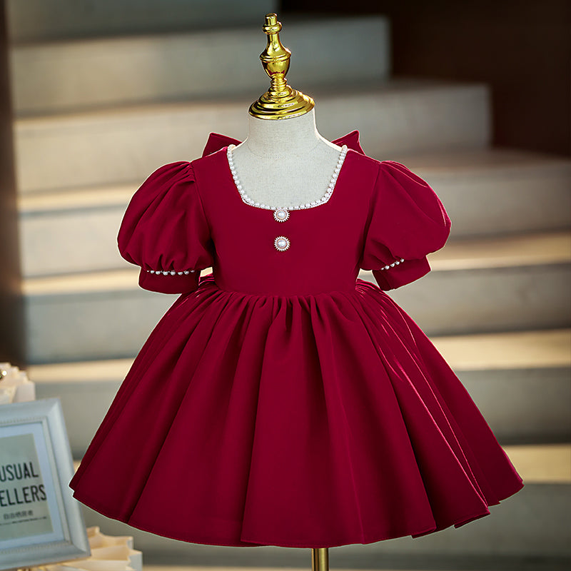 Baby Girls Christmas Birthday Party Dress - Red Puffy Sleeve Princess Gown for Holiday Photos & Special Occasions