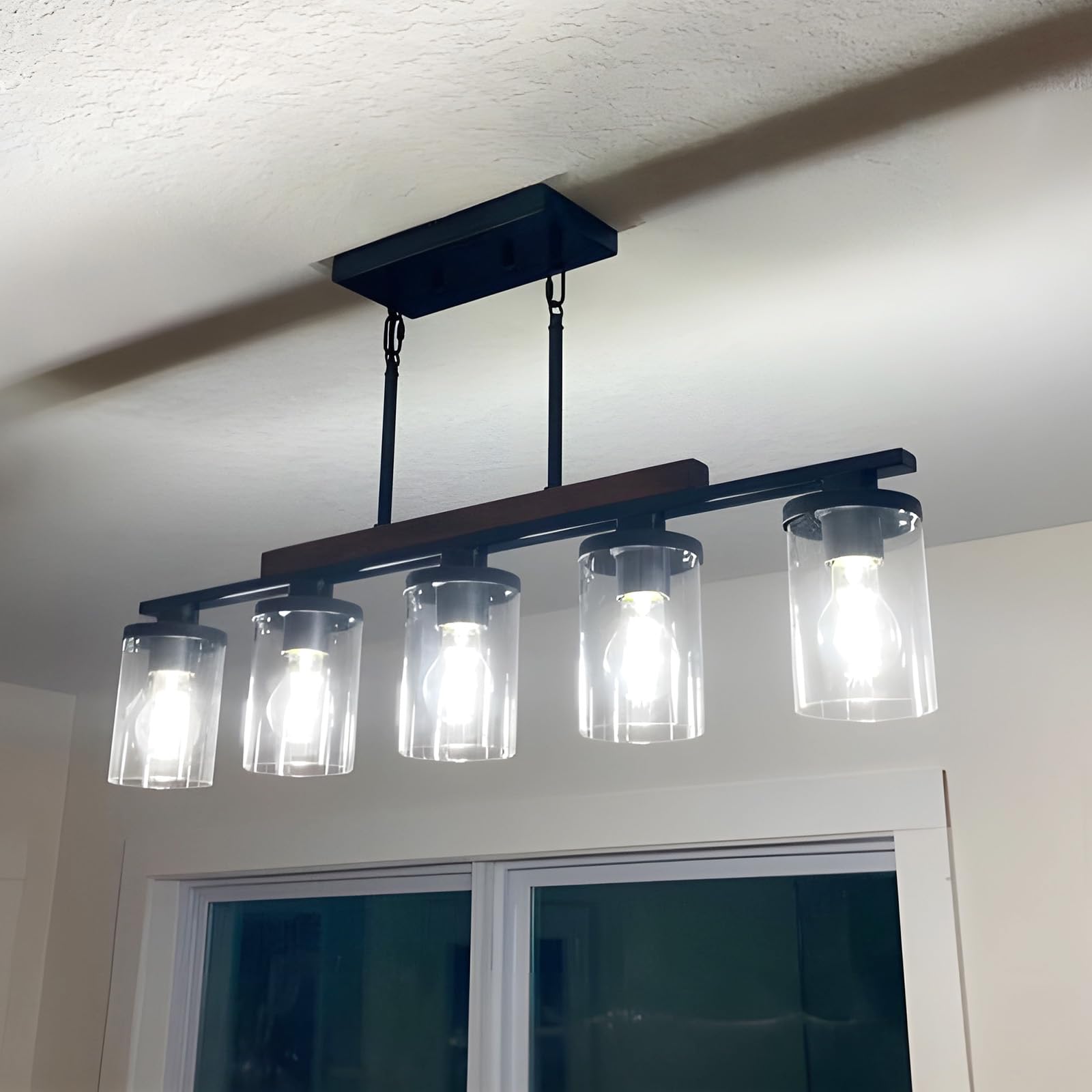 Farmhouse Kitchen Island Light Fixture - 5-Light Matte Black Rustic Wood Ceiling Pendant Chandelier with Clear Glass Shade for Dining Room, Kitchen, Breakfast Nook & Bar Counter Lighting