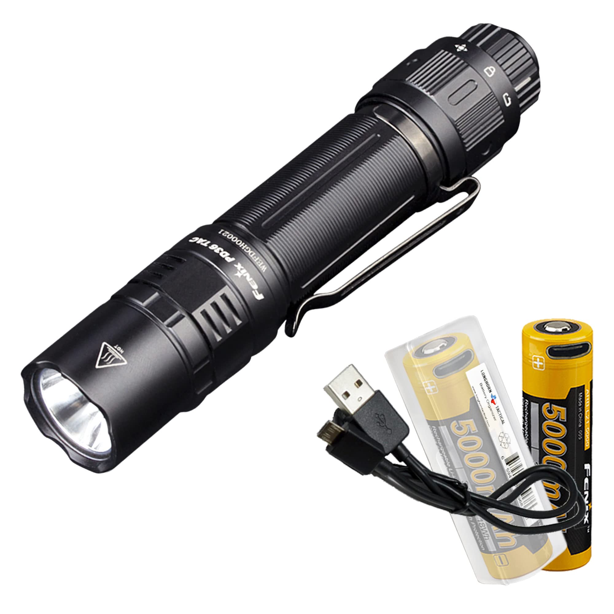 Fenix PD36 TAC 3000 Lumen Tactical Flashlight - USB-C Rechargeable LED Flashlight with 2X ARB-L21-5000U Batteries & LumenTac Organizer - Perfect for Outdoor Camping, Hiking, Emergency, and Tactical Use