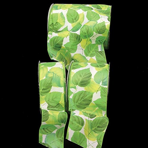 The Ribbon People White and Green Foliage Print Wired Craft Ribbon - 6