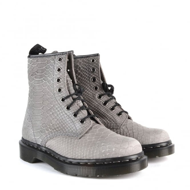 Dr. Martens 1460 Grey Python Emboss Leather Lace Up Boots for Men & Women - Vintage Style Combat Boots for Punk, Gothic & Street Fashion Outfits