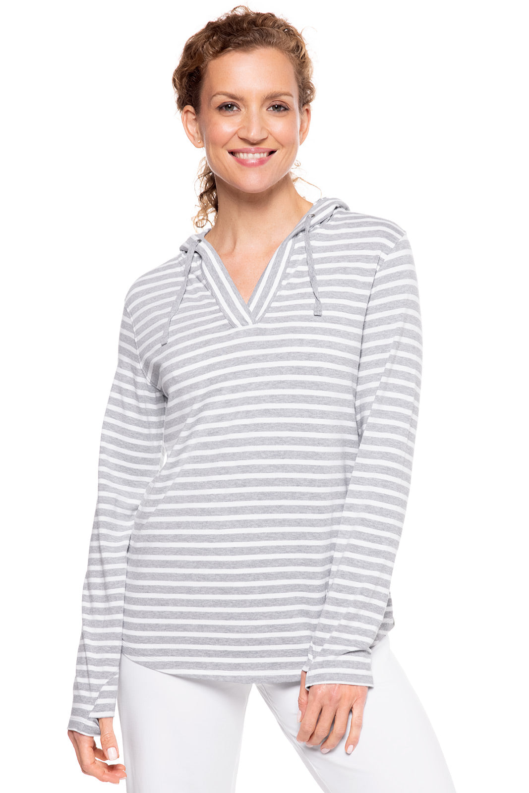 Women's Catalina Hoodie Tunic Top - Soft Fleece Pullover with Kangaroo Pocket | Grey & White Striped | Casual Lounge Wear for Women, Perfect for Yoga, Running Errands & Cozy Evenings
