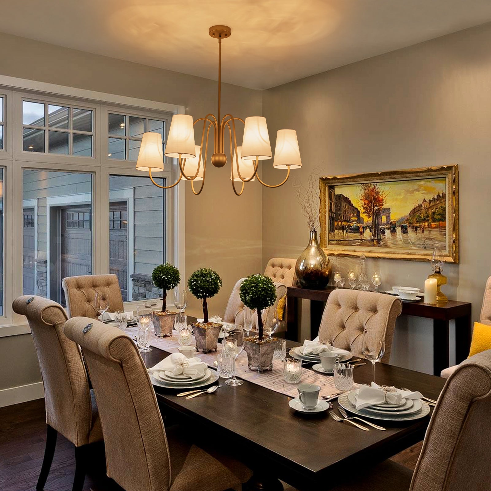 Vintage Mid-Century Modern 6-Light Brass Chandelier with White Fabric Shades - 33