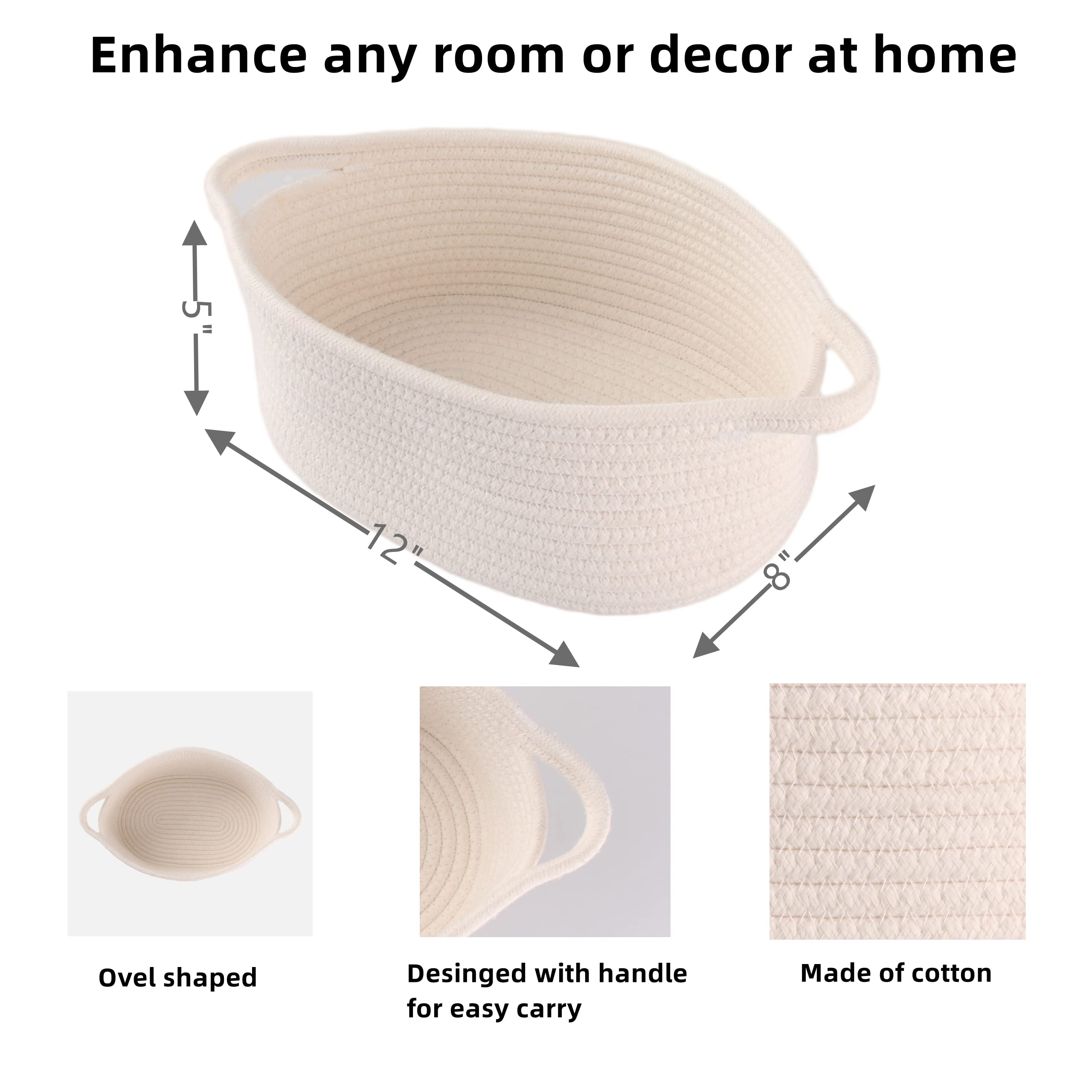 Small Woven Cotton Rope Storage Basket with Handle - Cute Oval Baby Nursery Organizer, Pet Toy Bin, Easter Basket for Home Decor & Kids Room Organization (White)