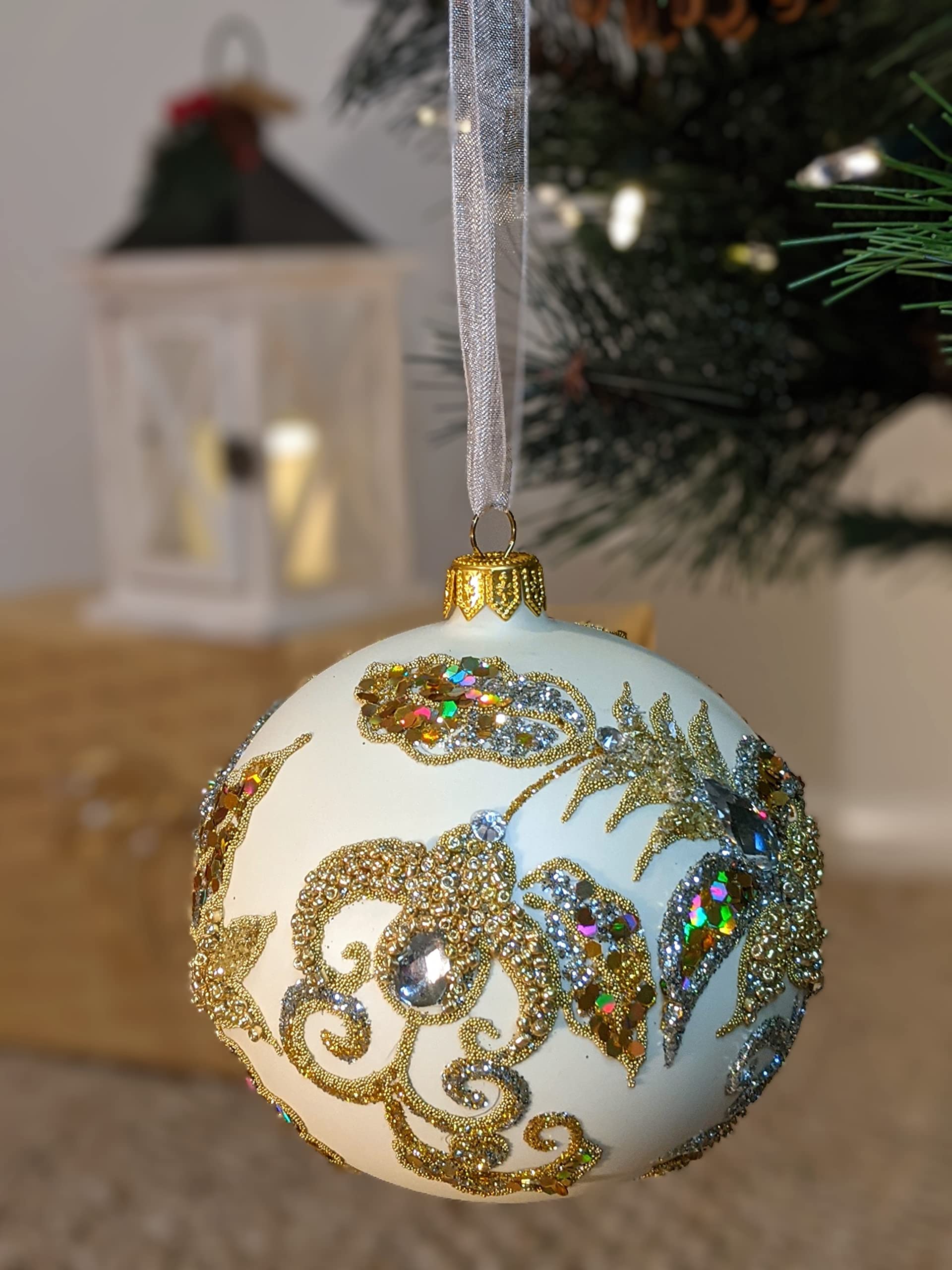 Handmade Polish Glass Christmas Ornaments - Set of 4 Elegant 3.94 Inch Round Holiday Decorations in Gold & Silver for Xmas Tree, Party & Indoor Decor | Perfect for Holiday Gifts, Home Decor & Festive Celebrations