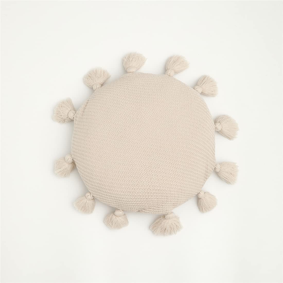 Vctops Decorative Round Fringe Throw Pillow with Inserts - Woven Textured Boho Pillow Cover for Bedroom, Living Room Sofa, Couch & Balcony Decor - Soft Beige 16