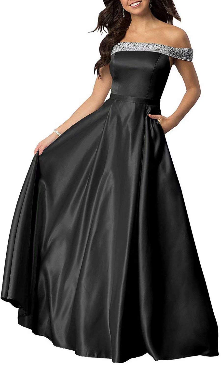 KAOSHAN Women's Beaded Off-Shoulder Formal Evening Gown - Long Satin Prom Dress & Ballgown for Weddings, Galas & Special Occasions