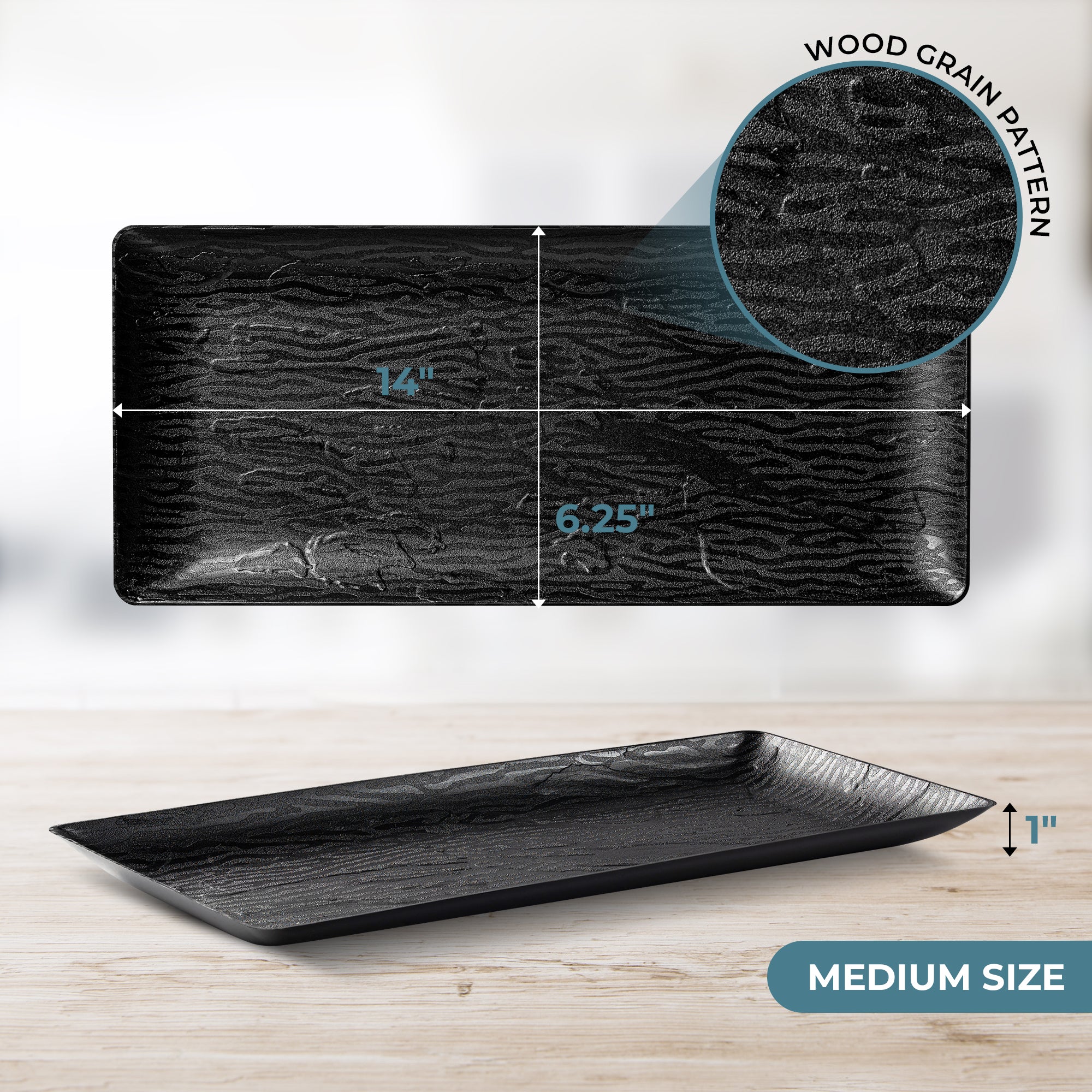 6.25 x 14 Inch Rectangle Black Serving Tray Set of 5 - Durable Plastic Serving Trays for Dining, Buffet, Party, Kitchen & Home Decor