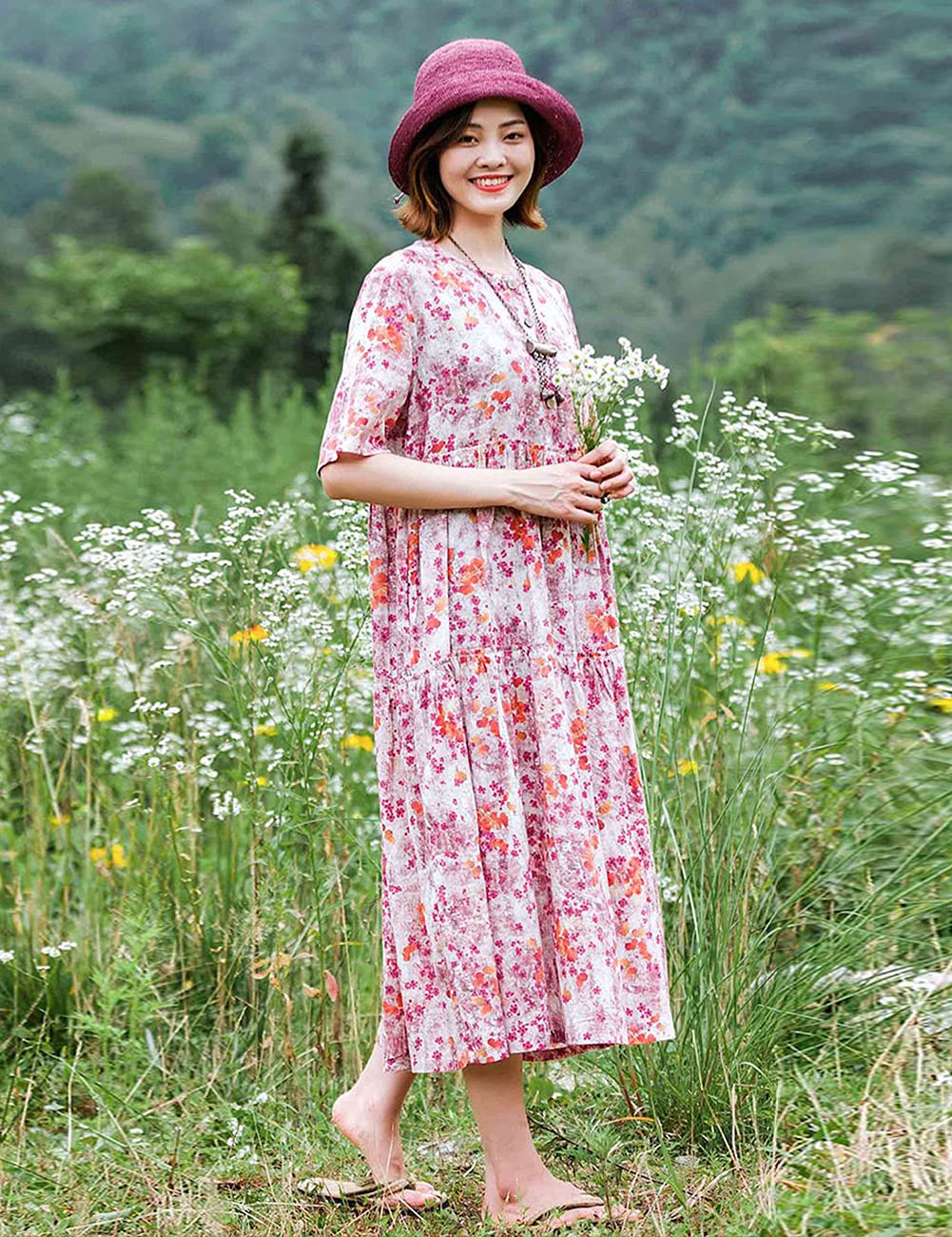 Women's Casual Loose Bohemian Floral Maxi Dress with Pockets - Short Sleeve Summer Beach Swing Dress for Vacation, Outdoor Parties & Boho Fashion