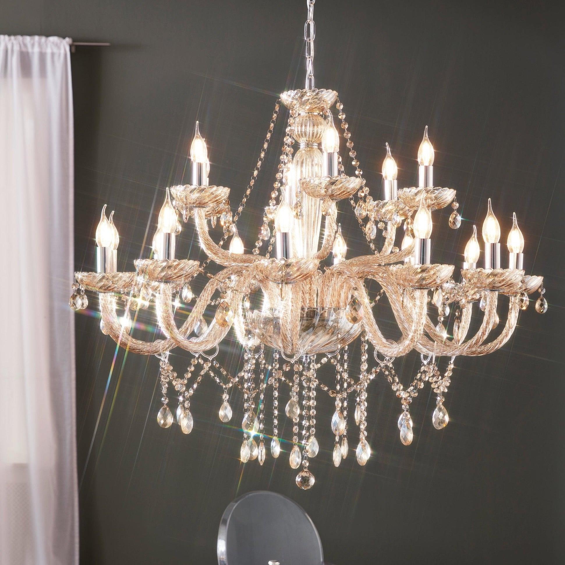Eglo Basilano 18-Light Modern Chrome & Cognac Glass Chandelier - Elegant Dining Room Lighting Fixture for Home Decor & Luxury Interior Design