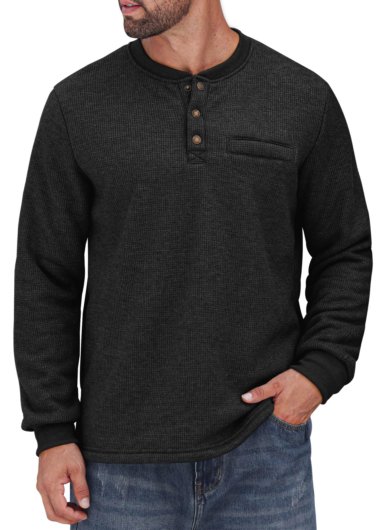 Men's Sherpa Lined Waffle Henley Long Sleeve Thermal Pullover - Winter Casual Shirt (S-XXL) - Cozy Warm Top for Outdoor Activities & Layered Winter Fashion