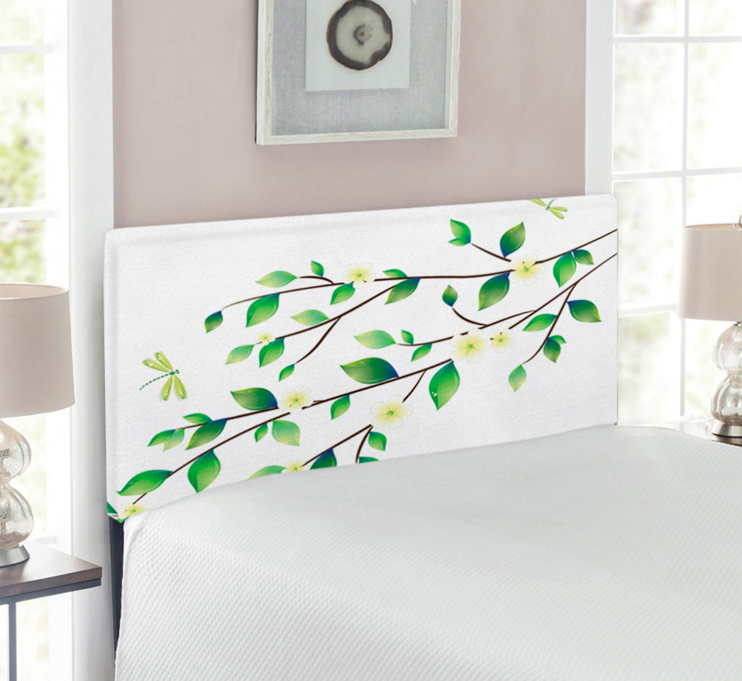 Ambesonne Dragonfly Headboard - Upholstered Decorative Metal Bed Frame with Memory Foam | Twin Size Green & White Botanical Design | Dragonfly & Jasmine Leaf Pattern | Perfect for Bedroom Decor, Guest Rooms & Cozy Retreats