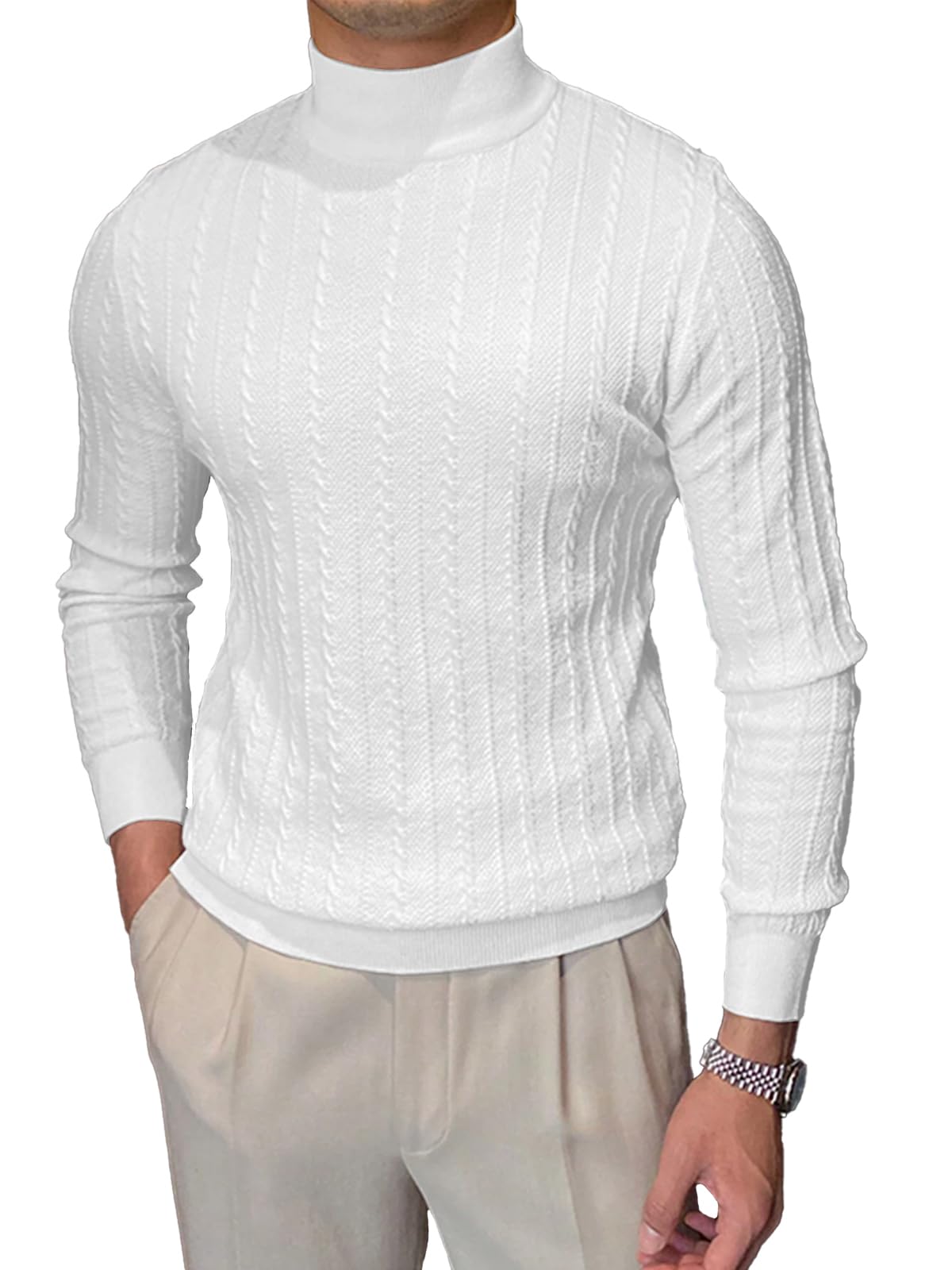 Men's Slim Fit Cable Knit Turtleneck Sweater - Casual Winter Pullover for Office & Outings