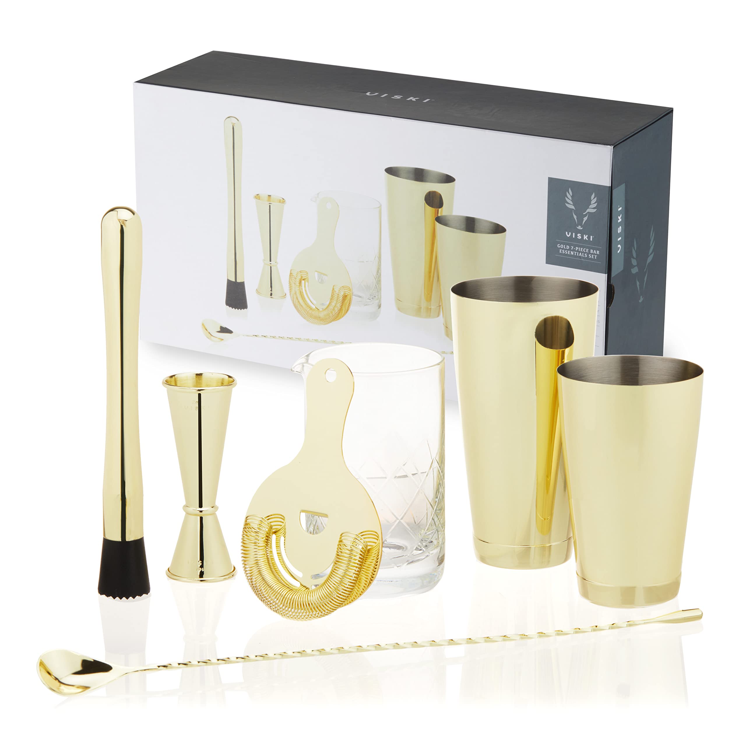 Premium Viski Gold Cocktail Shaker Set - 7-Piece Stainless Steel Bar Tools Kit with Mixing Glass, Bar Spoon & Bartender Accessories - Perfect for Home Bars, Parties & Professional Mixology