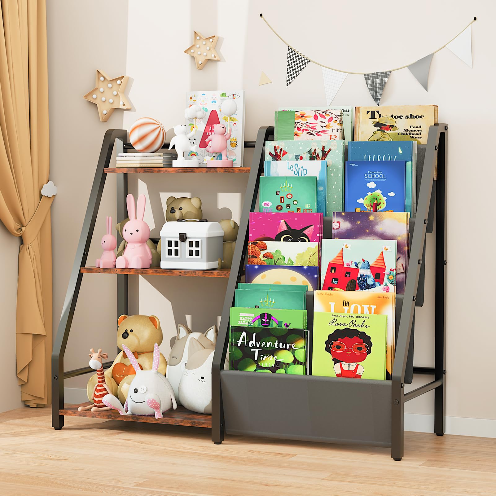 **Kids Bookshelf and Toy Organizer - 2-in-1 Nursery Book Shelf for Toddler & Montessori Playroom - Sturdy Black Bookcase for Kids' Bedroom, Play Area & Learning Space**