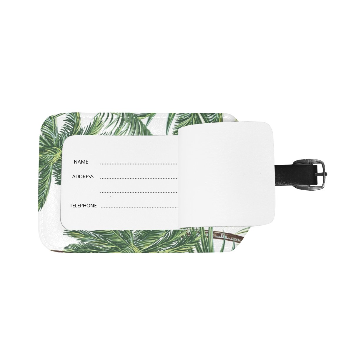 Stylish PU Leather Luggage Tag with Tropical Palm Leaves Design - Durable Suitcase ID Tag for Travel Bags, Perfect for Vacation & Business Trips