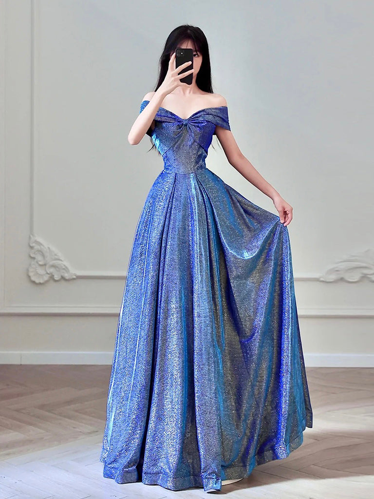 Elegant A-Line Shiny Satin Blue Long Prom Dress for Women - Formal Evening Gown for Homecoming, Ball, and Special Occasions