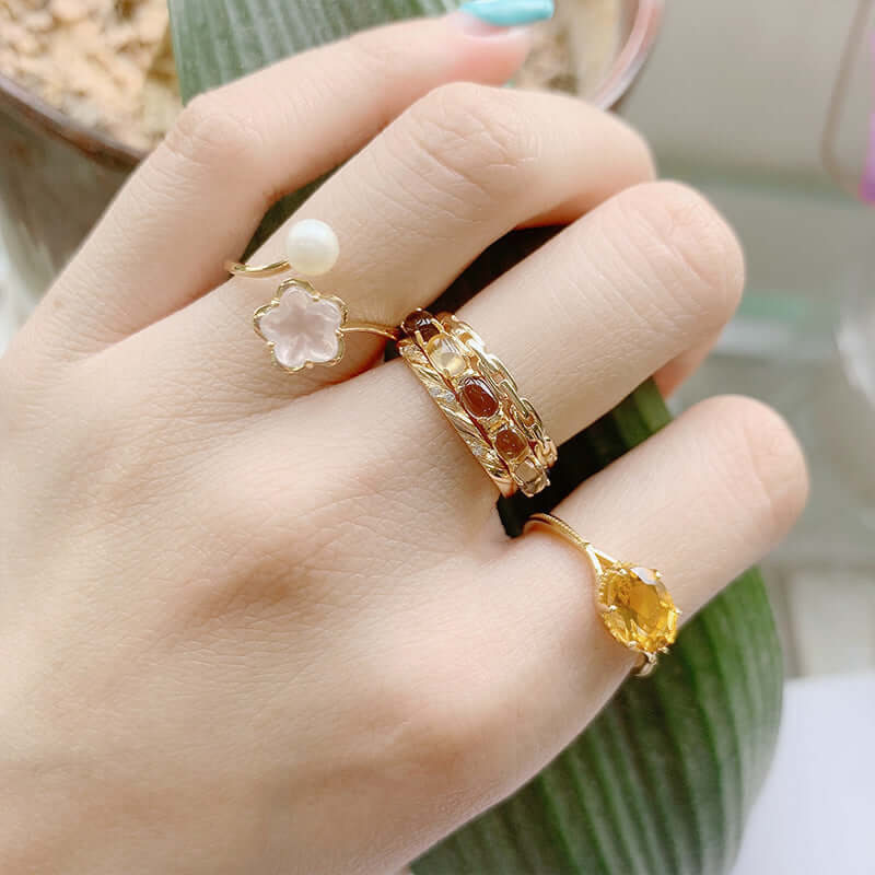 Vintage Citrine Smoky Quartz Stacking Rings Set for Women - Adjustable Bohemian Style Jewelry Gift for Birthday, Anniversary & Everyday Wear | TB1502