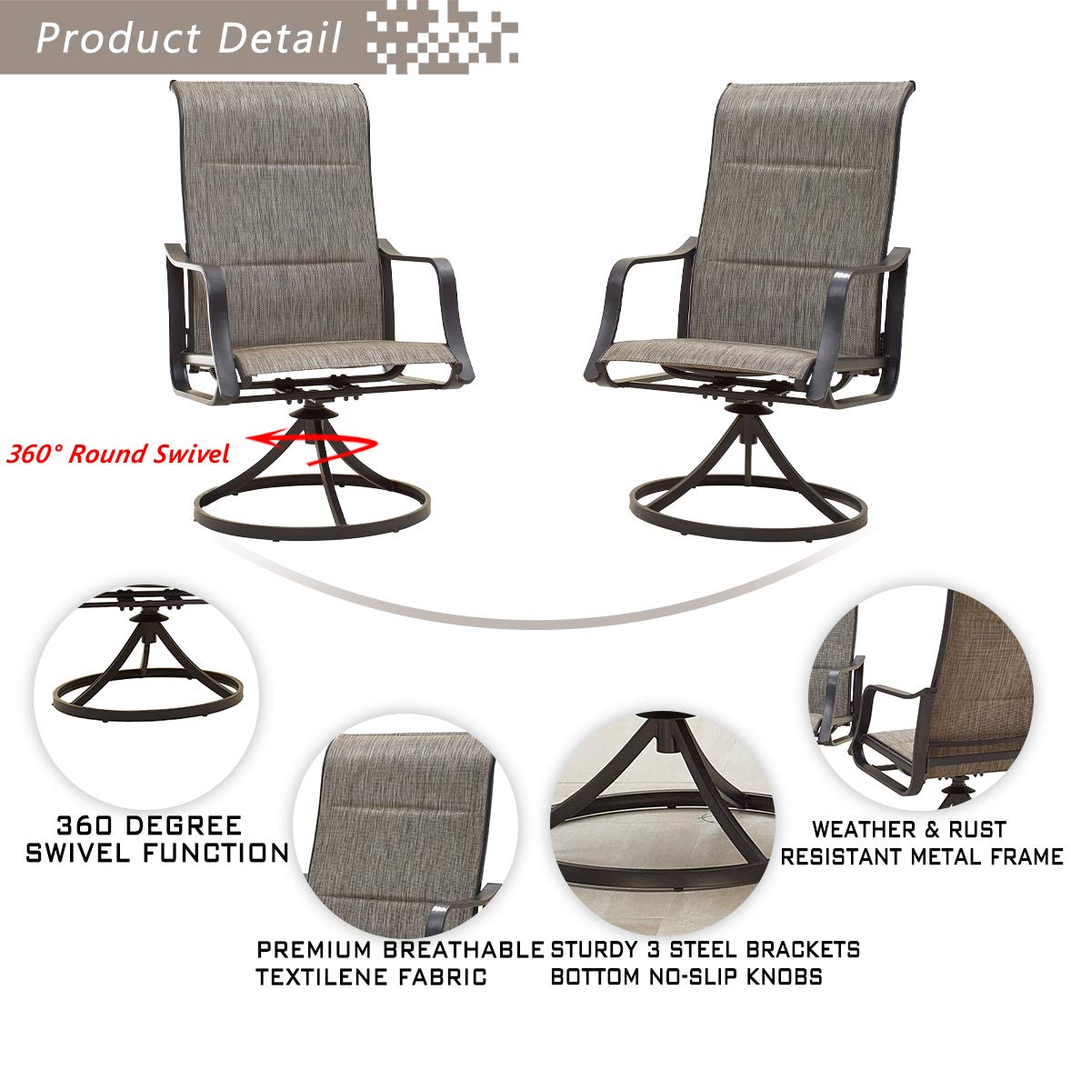 360° Swivel Outdoor Dining Chairs Set of 2 - Textilene High Back Breathable Patio Furniture for Deck, Garden, Pool - Grey - Perfect for Backyard BBQs, Poolside Lounging & Outdoor Entertaining