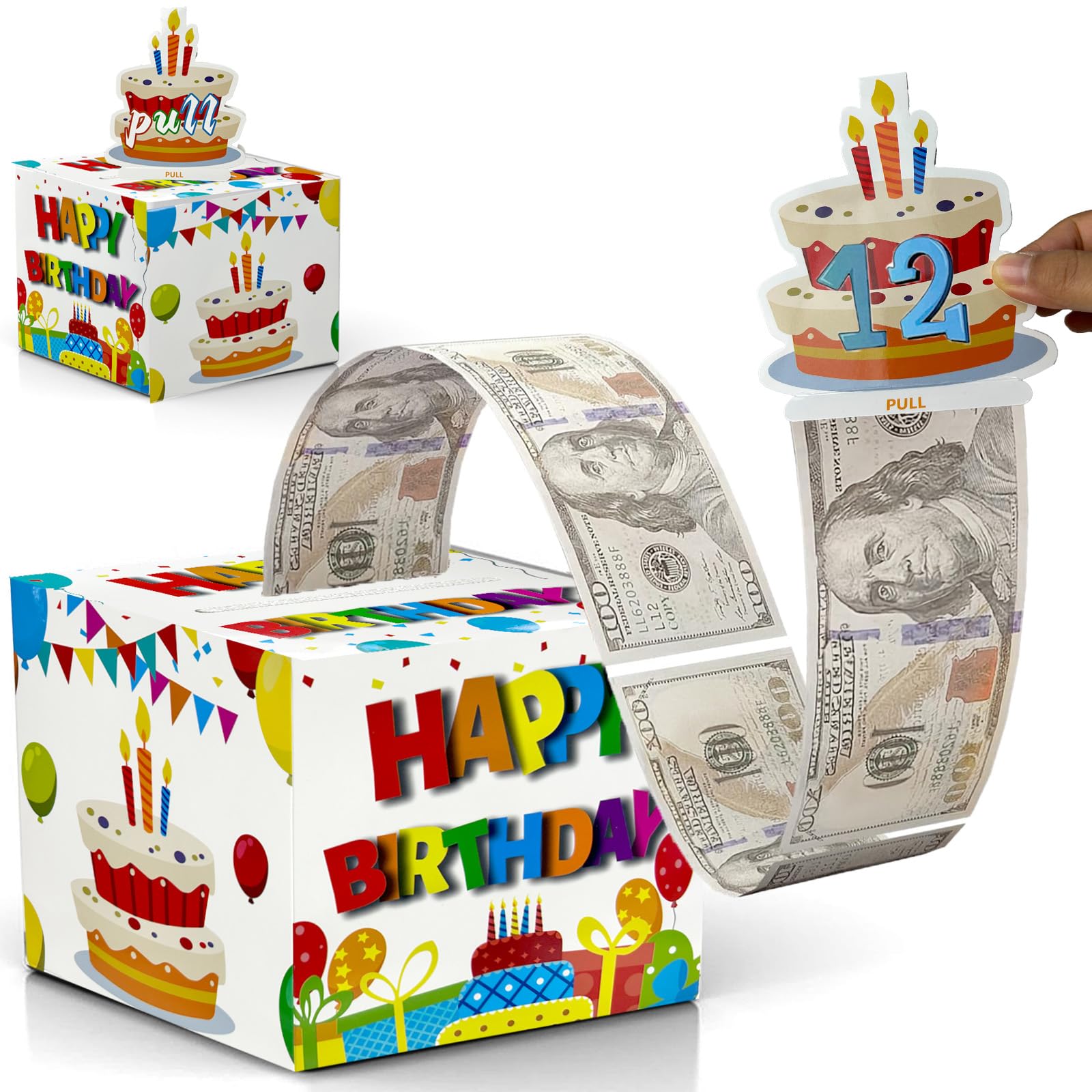 Birthday Cash Box Pull - Surprise Money Roll Gift Box with Pull Out Card & 30 Transparent Bags DIY Set - Funny Money Gift Idea for Parents, Lovers, Friends - Perfect for Birthdays, Anniversaries & Special Occasions (White)