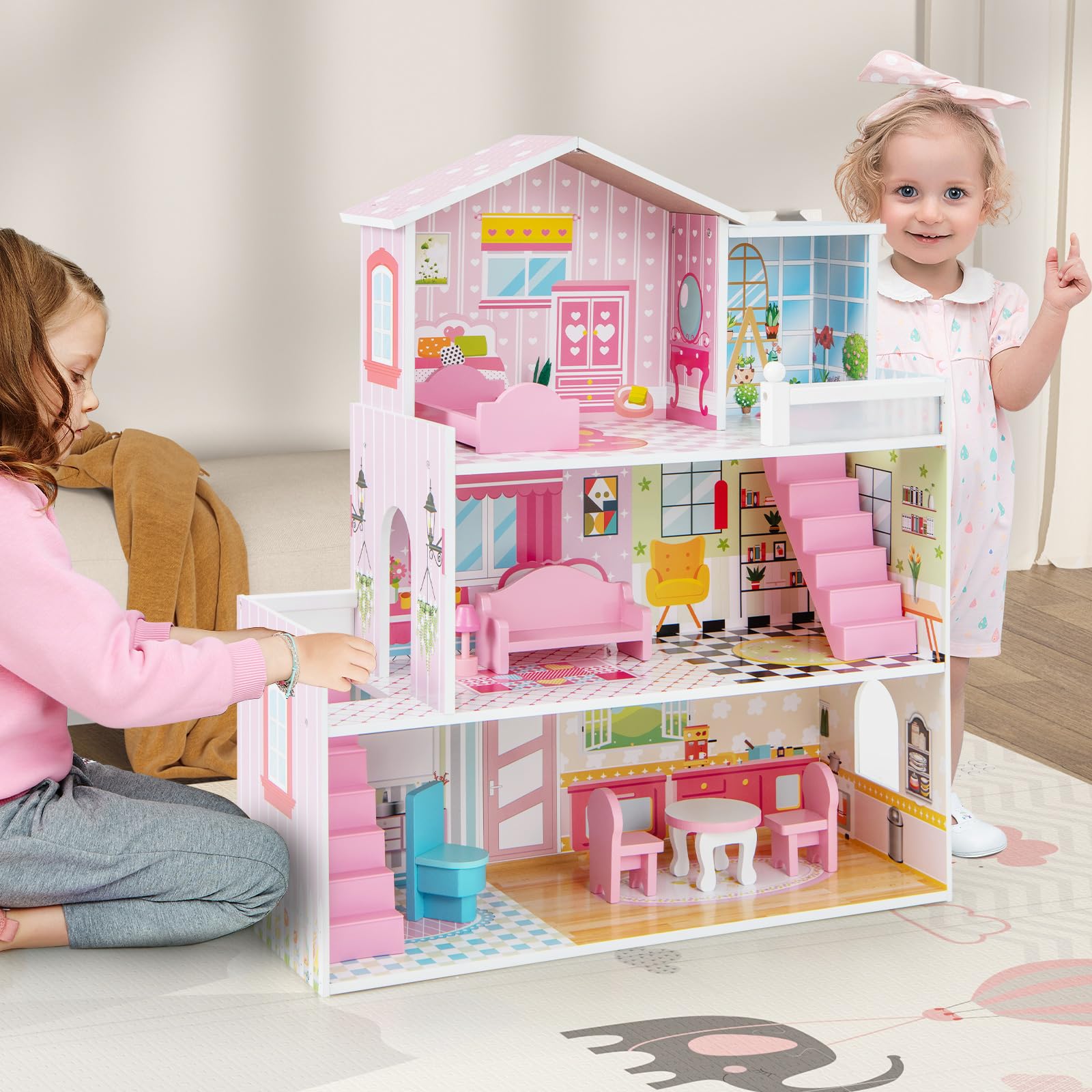 Costzon 3-Story Wooden Dollhouse for Kids - Semi-Open Design with 5 Rooms, 10-Piece Furniture Set, Ladders & Balcony | Preschool Learning Toy, DIY Pretend Play House for Girls & Boys Ages 3+ | Perfect for Birthday Gifts, Classroom Activities & Imaginative Play