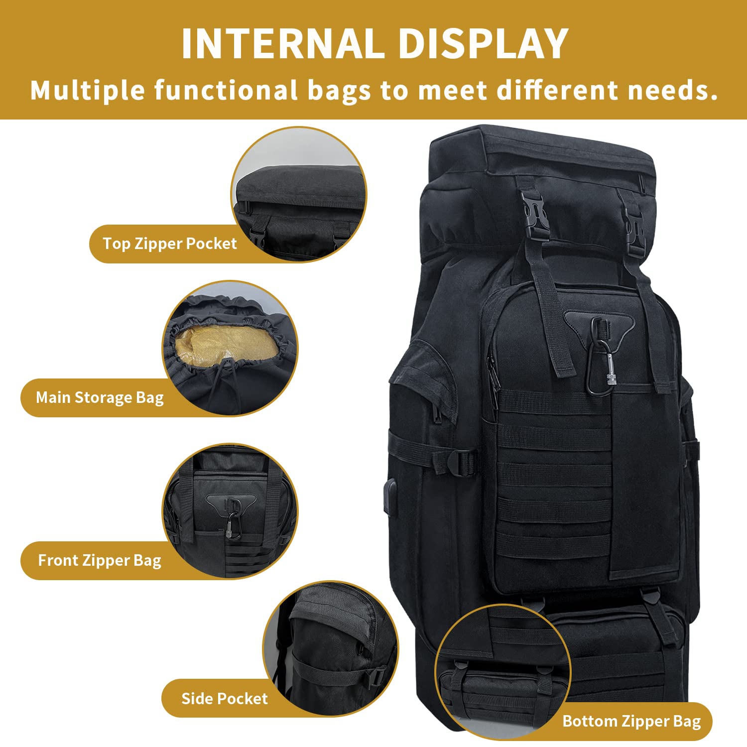 80L Waterproof Military Tactical Backpack - Large Camping Hiking Rucksack with MOLLE System & Carabiner - Durable Outdoor Daypack for Men & Women (Black) - Perfect for Camping, Hiking, Travel & Tactical Missions