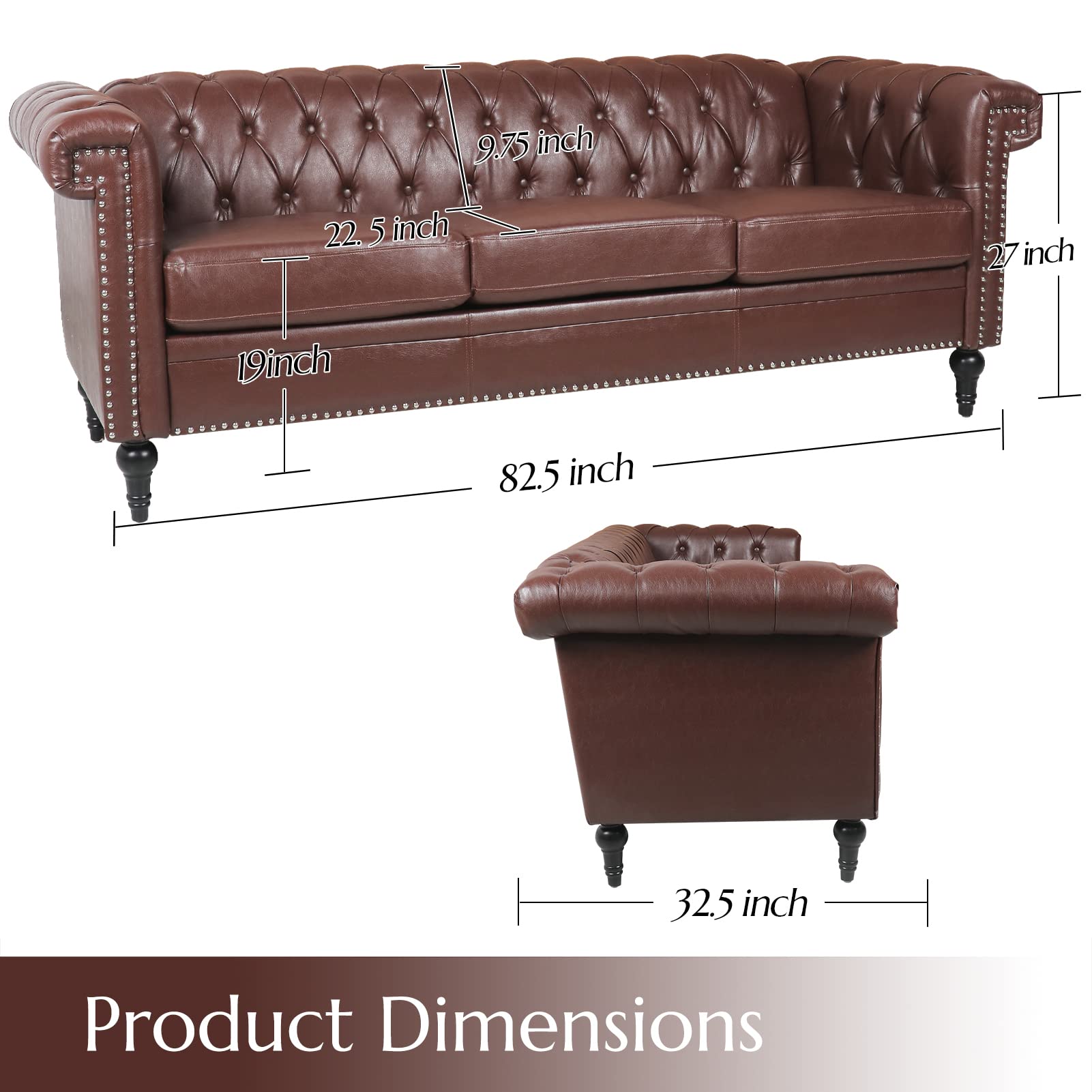 Brown Chesterfield Sofa - 3-Seater Faux Leather Couch with Deep Seat & Tufted Upholstery, Classic Living Room Sofa for Bedroom or Office, Easy to Assemble - Perfect for Relaxing, Entertaining & Small Space Decor
