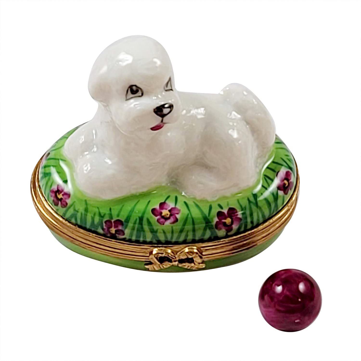 Rochard Bichon Lying Down with Removable Ball Limoges Porcelain Box - Elegant Collectible Jewelry Storage for Home Decor & Gift Giving
