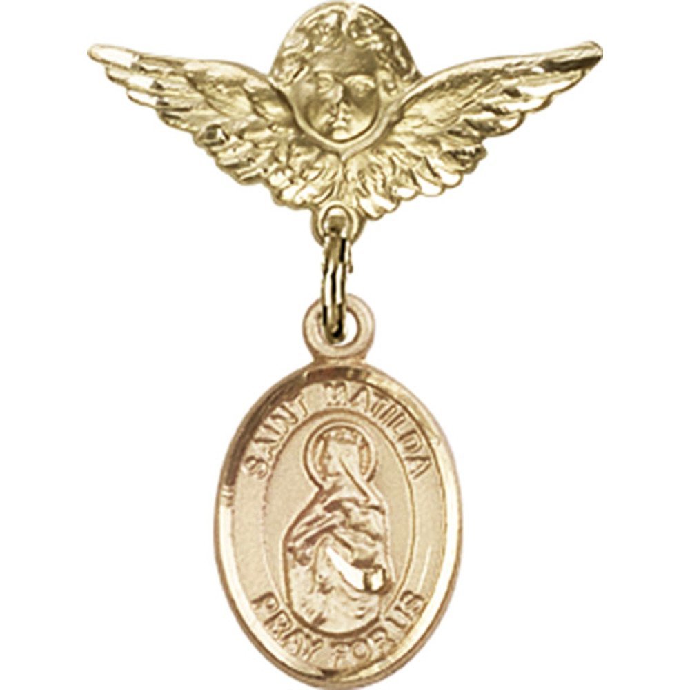Gold Filled St. Matilda Charm Baby Badge Pin with Angel Wings - 1 X 3/4 Inches - Perfect for Christening Gifts, Baby Showers & Keepsake Jewelry