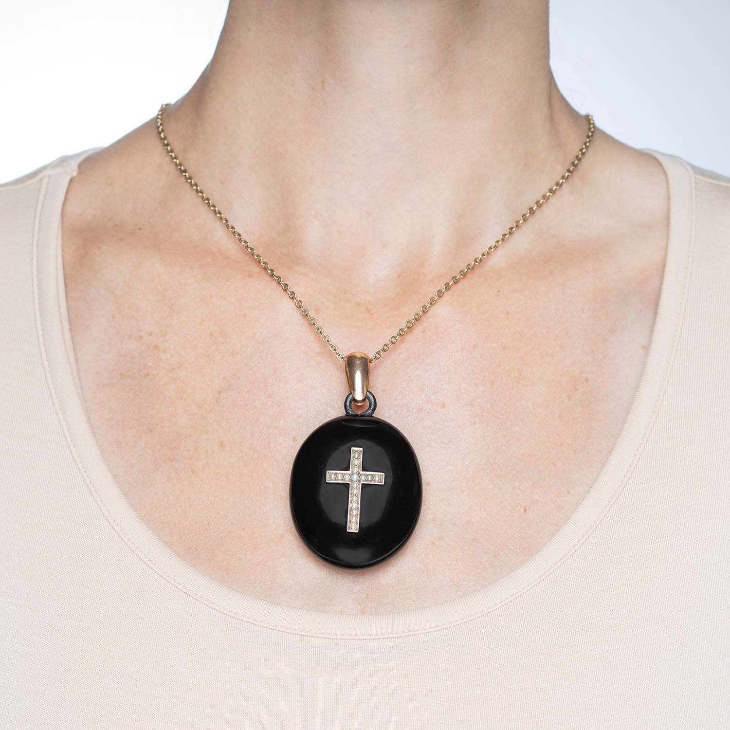 Victorian Style Large 10K Gold Onyx and Seed Pearl Cross Locket Pendant Necklace - Elegant Jewelry Gift for Women, Perfect for Weddings, Anniversaries & Special Occasions