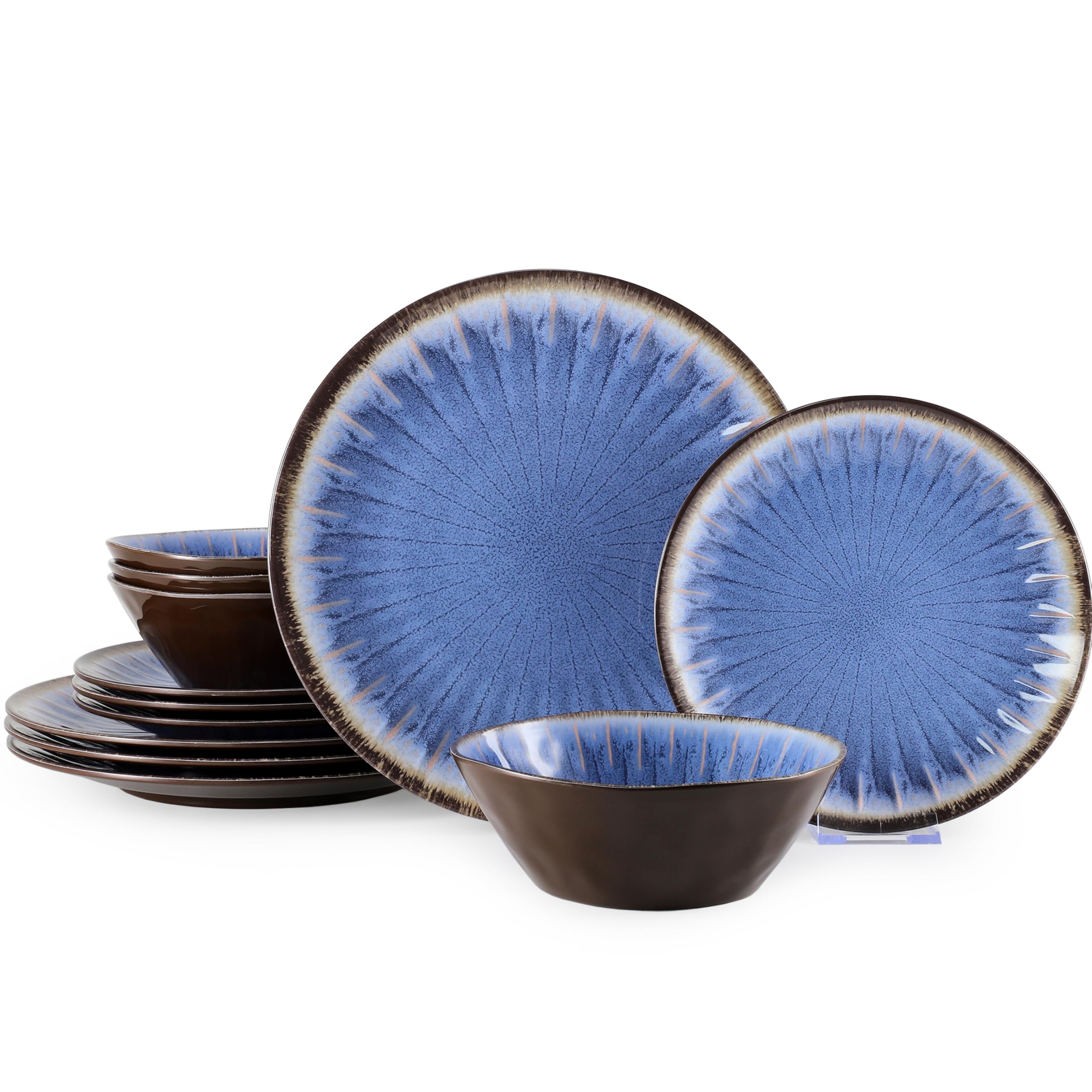 12-Piece Melamine Dinnerware Set - Unbreakable Plates & Bowls for Outdoor Dining, Camping, Picnics - BPA-Free, Dishwasher Safe (Classic Blue) - Perfect for Patio Parties, RV Trips & Backyard BBQs