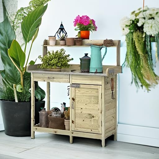 **ARNOT Wooden Potting Bench with Cabinet & Storage Shelf - Outdoor Garden Work Station for Planting, Potting & Organizing Garden Supplies - Perfect for Backyard, Patio & Greenhouse Use**