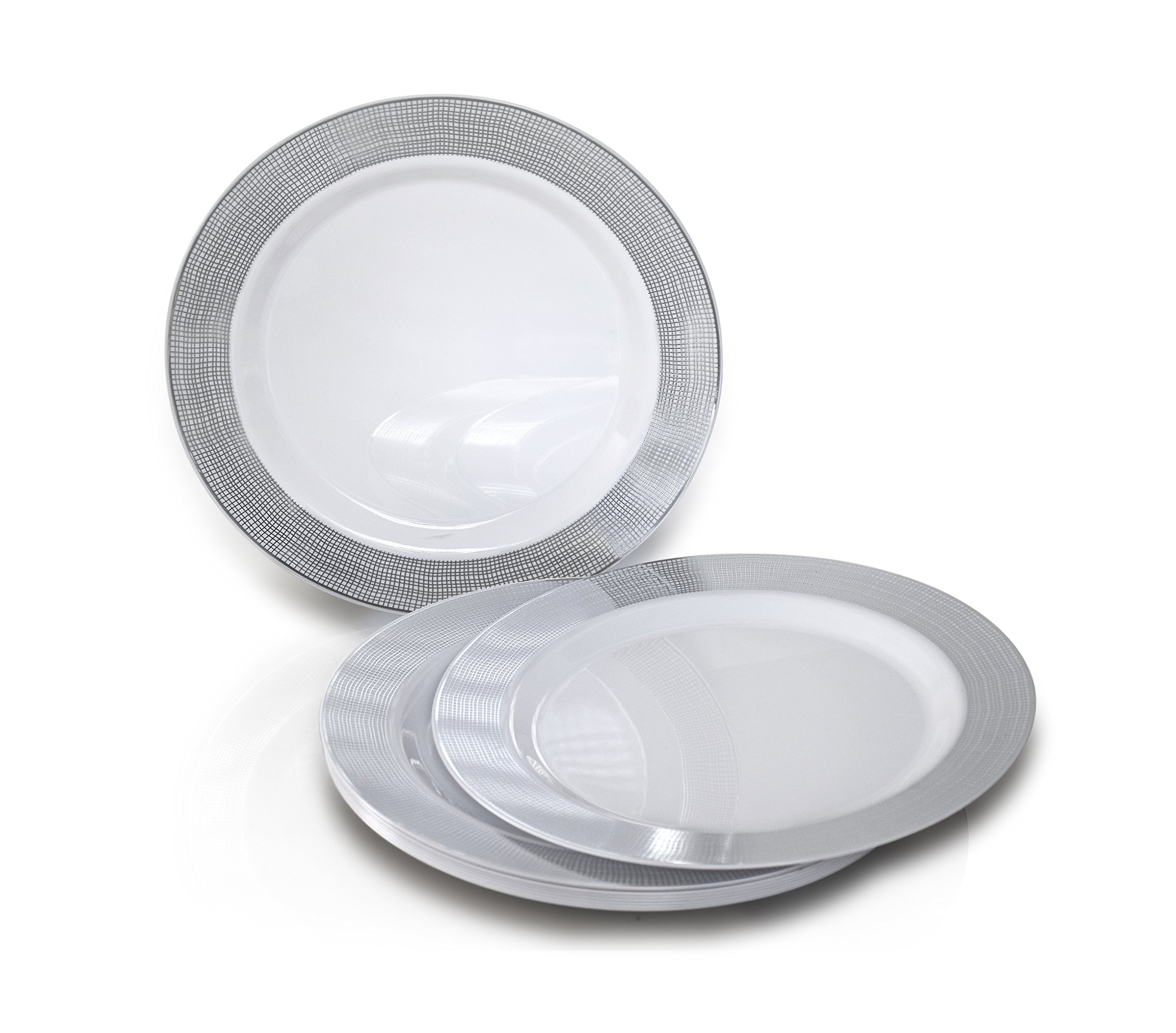 640-Piece Heavyweight Disposable Plastic Plate Set for Weddings & Parties - 80 x 10.5'' Dinner Plates, 80 x 7.5'' Dessert Plates, Silverware, Cups & Linen-Like Napkins (Linen White & Silver) - Perfect for Large Gatherings, Bridal Showers & Catering Events