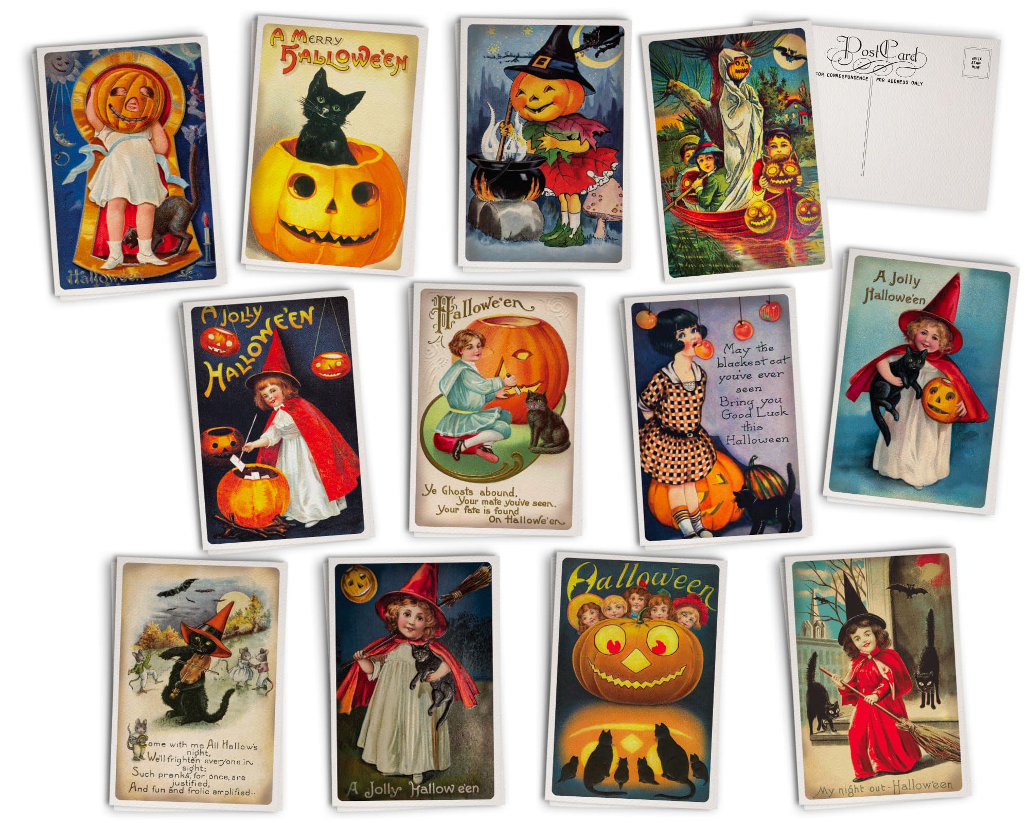 Vintage Halloween Postcards for Kids - 24 Antique Halloween Greeting Cards with 12 Retro Illustrations - Printed on Textured Cardstock - Perfect for Halloween Decor, Scrapbooking & Collectibles