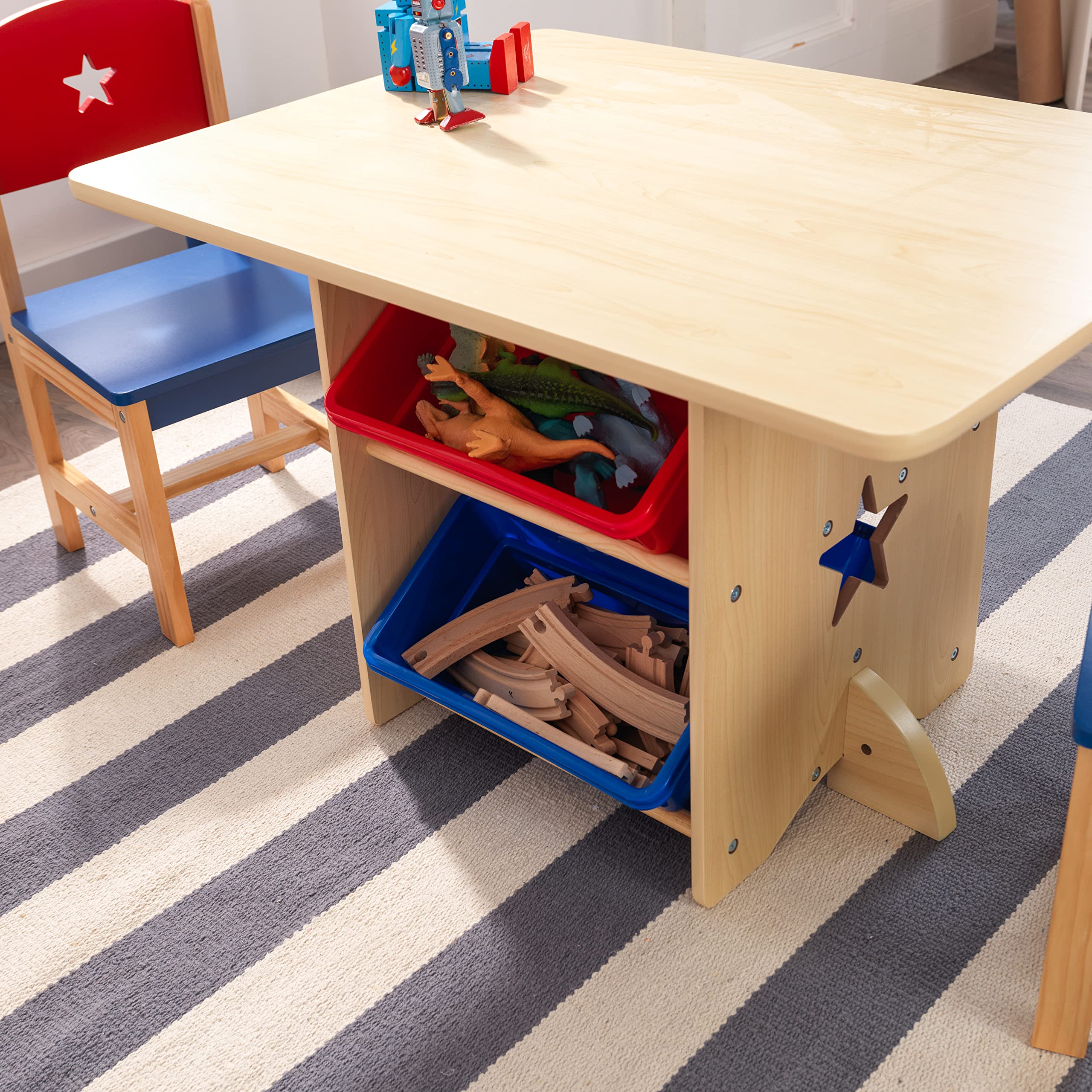 KidKraft Wooden Star Table & Chair Set with 4 Storage Bins - Kids Study Desk & Play Table for Toddlers, Red, Blue & Natural - Perfect for Preschool Learning, Arts & Crafts, and Playroom Activities