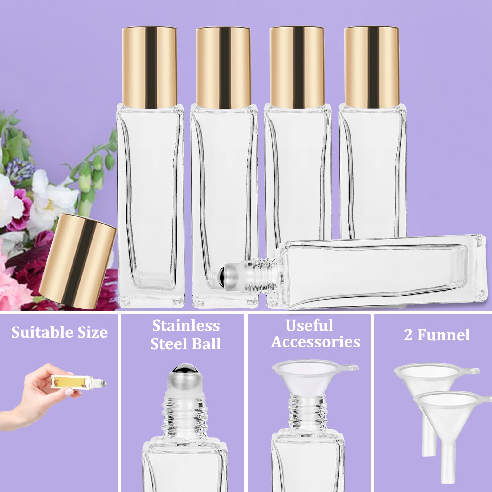 25 Pcs 10ml Essential Oil Roller Bottles - Square Thick Glass Roller Bottles with Stainless Steel Balls, Leakproof & Travel-Friendly (Includes 2 Funnels, Gold) - Perfect for Aromatherapy, DIY Blends & On-the-Go Use