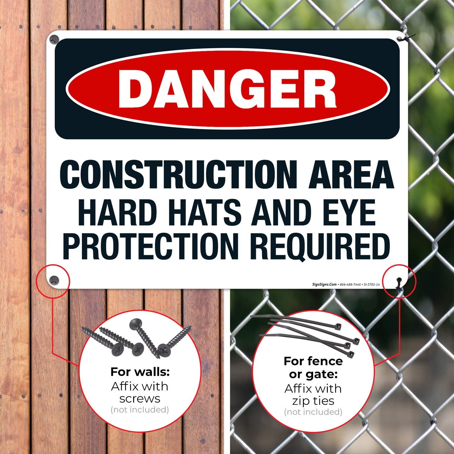 OSHA Approved Construction Safety Sign - Hard Hats & Eye Protection Required, 10x14 Inch Aluminum Danger Sign for Work Zones | Weatherproof, Rust-Free .040 Aluminum, Fade Resistant | Perfect for Construction Sites, Factories & Outdoor Work Areas | Made in USA