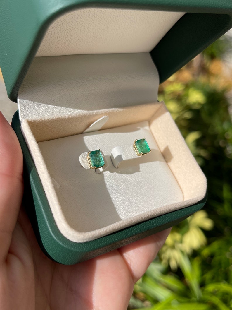 1.89tcw Natural Emerald Cut May Birthstone Stud Earrings in 14K Gold - Perfect for Mother's Day Gifts, Anniversary & Birthday Jewelry