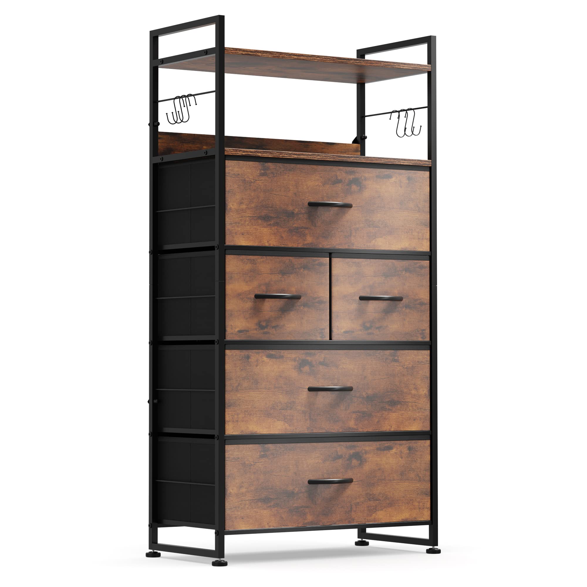 Lulive 5-Drawer Dresser for Bedroom - Rustic Brown Chest of Drawers with Cationic Fabric, Sturdy Metal Frame & Wood Tabletop | Bedroom Storage Organizer, Hallway Entryway Furniture | Easy Pull Handle for Convenient Use