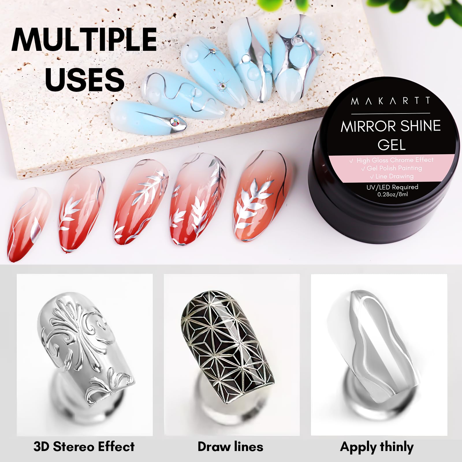 Makartt Super Strong Nail Rhinestone Glue - 8ml Mirror Shine UV/LED Gel for Nail Art | Perfect for Rhinestone Application, Metallic Silver Designs & Professional Salon Use
