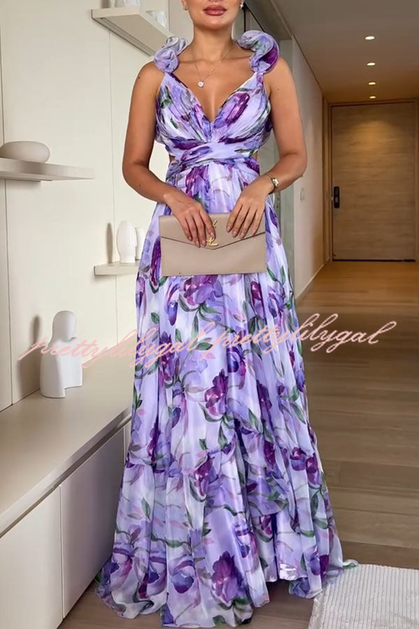 Whimsy Grace Tulle Floral Ruffle Detail Back Lace Up Pleated Maxi Dress - Elegant Wedding Guest & Special Occasion Formal Gown for Women