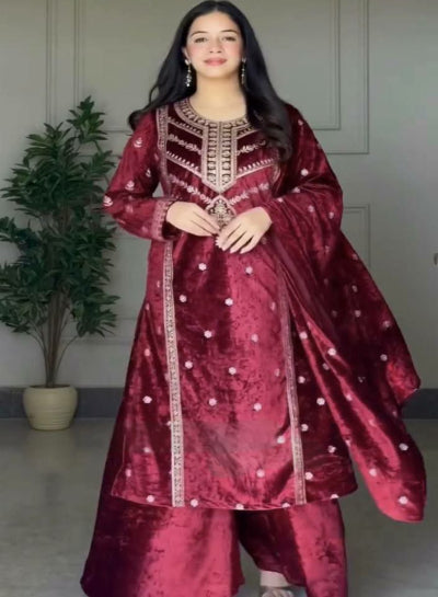 Elegant Maroon Velvet Palazzo Suit Set for Women - Fully Stitched Stylish Outfit for Parties, Weddings & Festive Occasions
