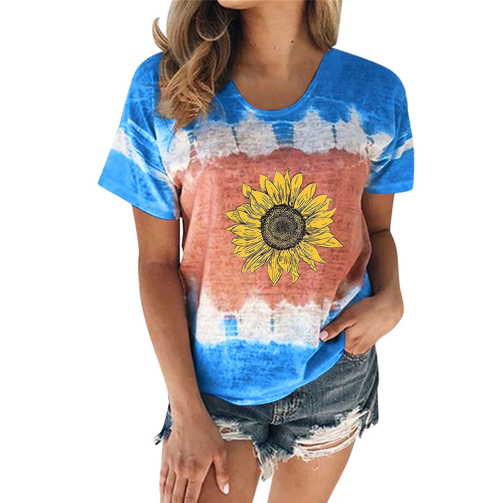 YOYORI Women's Casual Feather Print Round Neck Short Sleeve T-Shirt Blouse - Comfortable Summer Top for Everyday Wear, Work & Outings