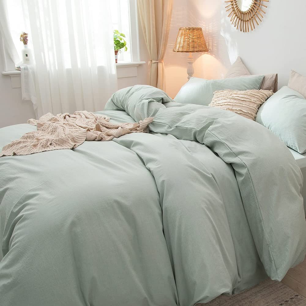 Sage Green Washed Cotton Duvet Cover Set - Boho Style Linen-Like Textured Bedding - Breathable, Durable & Soft Comforter Cover for Queen/King Size - Perfect for Bohemian Bedroom Decor & Cozy Home Styling