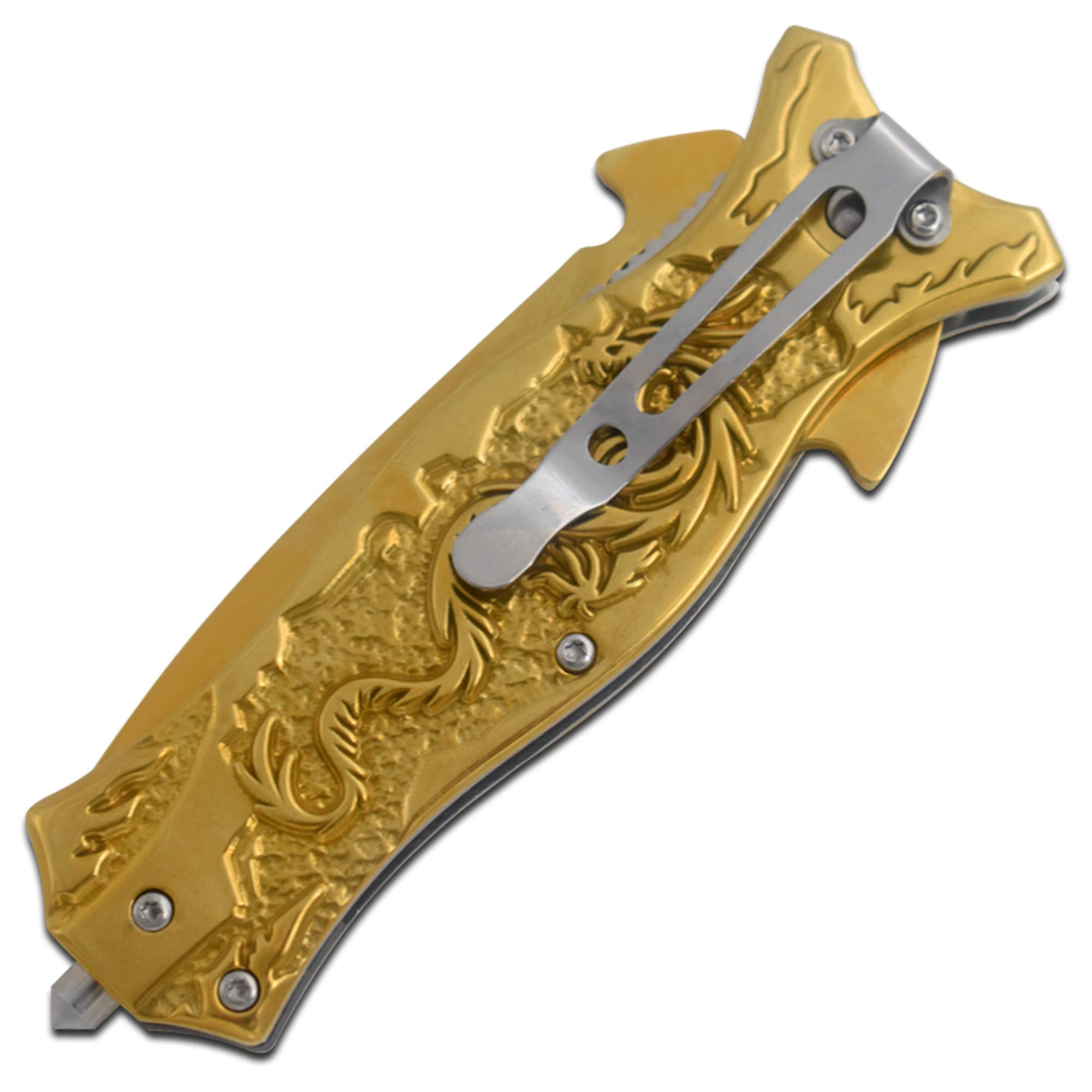 Tactical Folding Pocket Knife with Half-Serrated Blade - Snake Eye Dragon Handle (Gold) | EDC, Outdoor Survival, Camping & Everyday Carry Knife