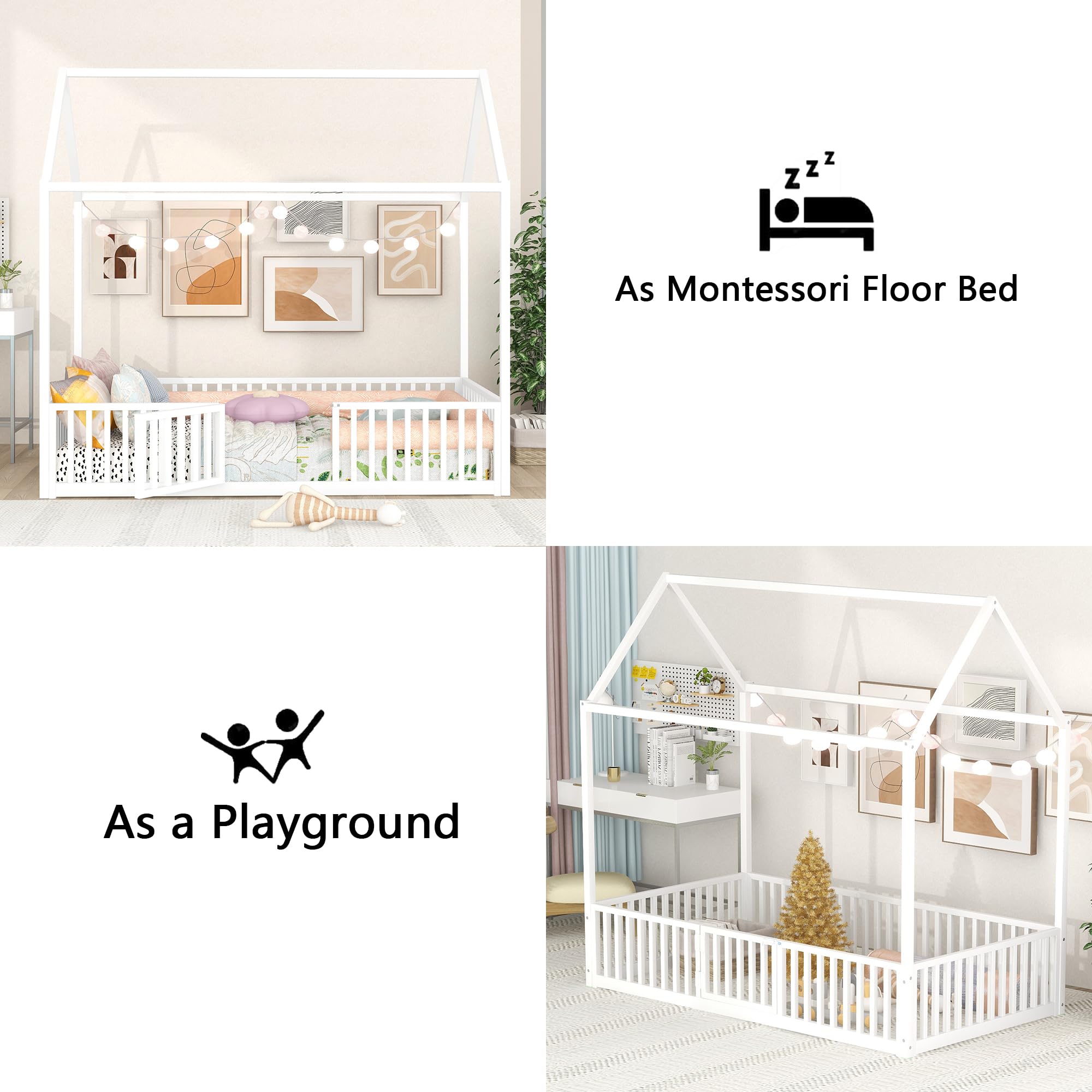 Bellemave Twin Floor Bed with Door and Fence - Montessori Kids Bed with Roof for Girls & Boys in White - Perfect for Toddler Rooms, Playrooms & Montessori Bedrooms