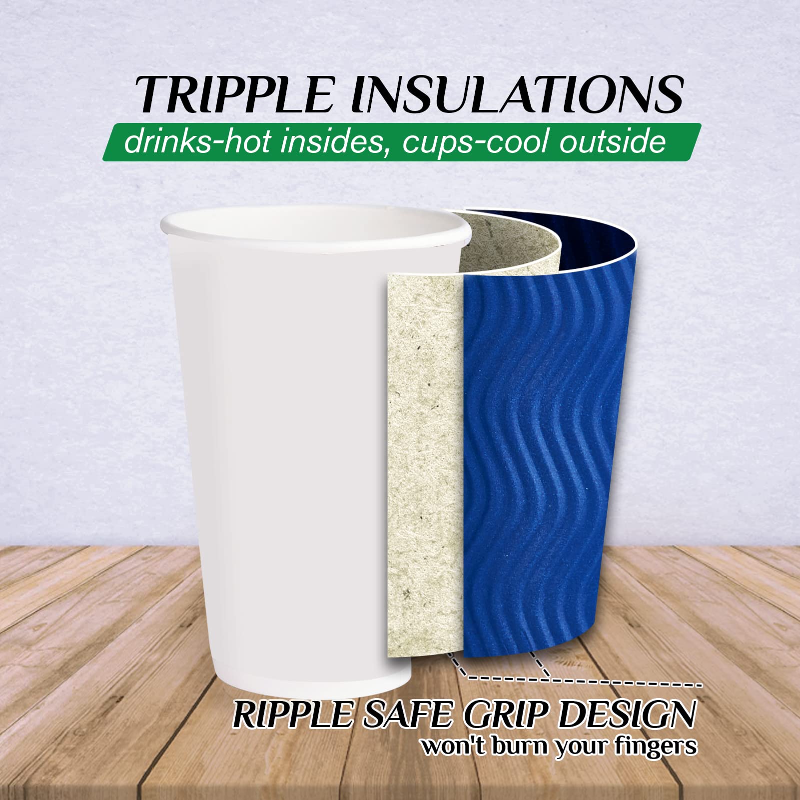 16 oz Disposable Paper Coffee Cups - 60 Pack, Heat Resistant Blue Ripple Wall Cups for Coffee, Tea & Hot Chocolate - Perfect for Office, Cafes & Home Use