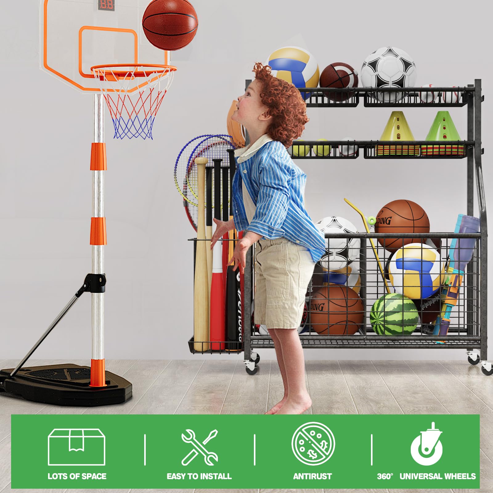Heavy Duty Garage Sports Equipment Organizer with 4 Baskets & 6 Hooks - Ball Storage Rack for Basketball Soccer Baseball - Garage Organization System for Toys, Bikes & Outdoor Gear - Perfect for Home Gym, Playroom & Backyard Storage