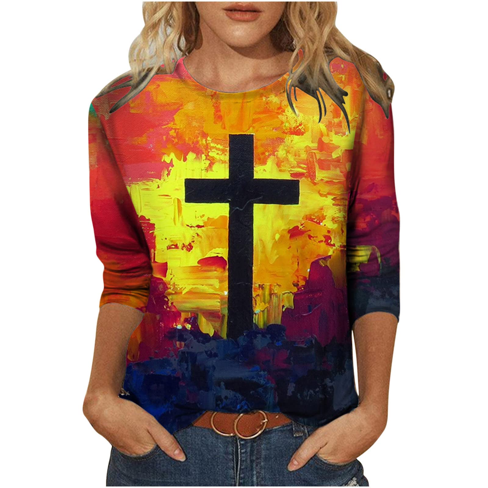 Women's Faith Long Sleeve Sweatshirt - Jesus Cross Oil Painting Printed Pullover Tee | Religious Apparel for Church, Bible Study & Casual Wear
