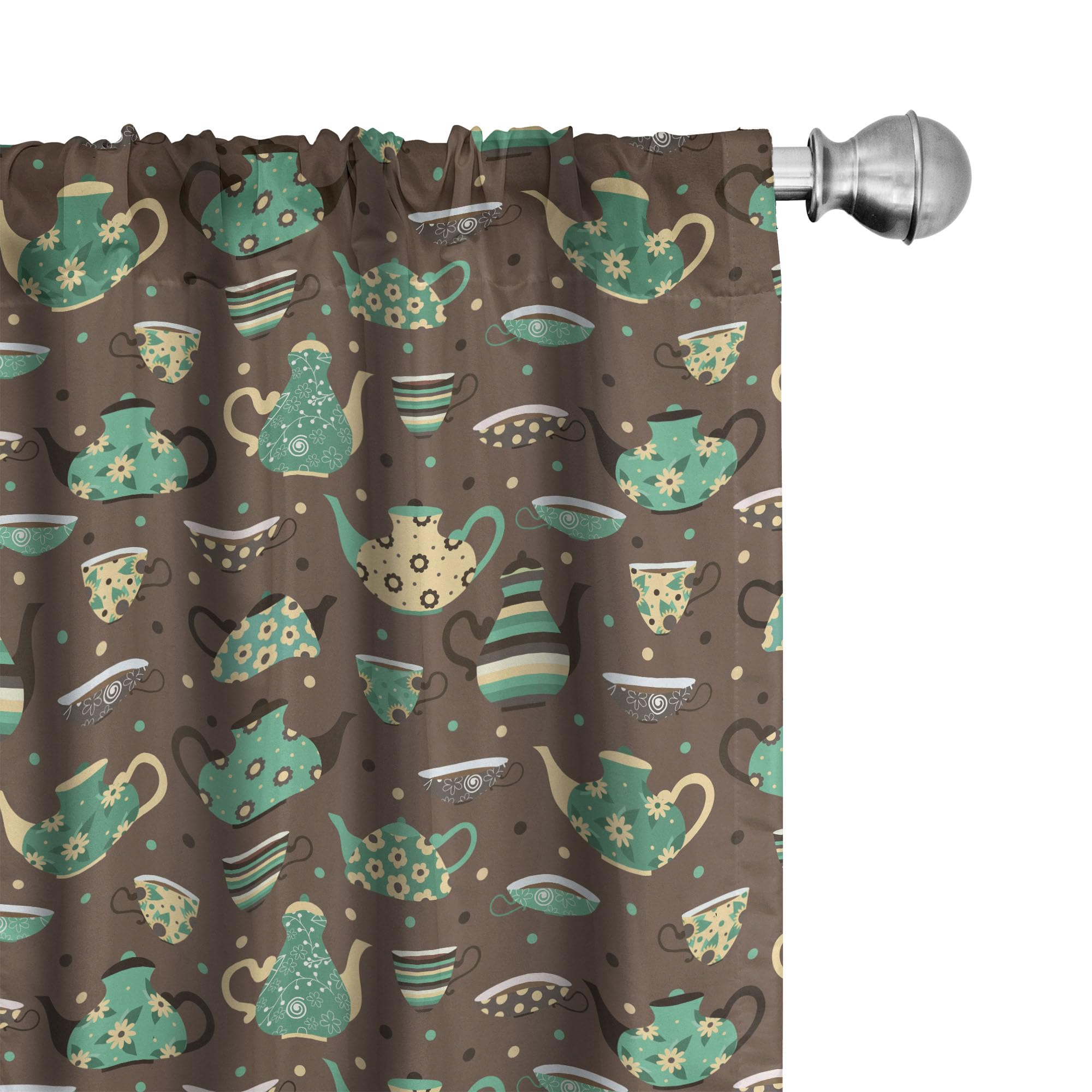 Ambesonne Floral Tea Party Curtains - 2 Panel Set with Cups & Pots Design on Dotted Brown Background, 28